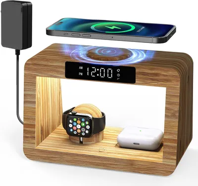 Produktbild von Wireless Ladestation mit Wecker Digital & Nachtlicht，5 in 1 Kabelloses Schnell-Ladegerät mit Adapter und Kabel,  für iPhone, AirPods Pro, Apple Watch