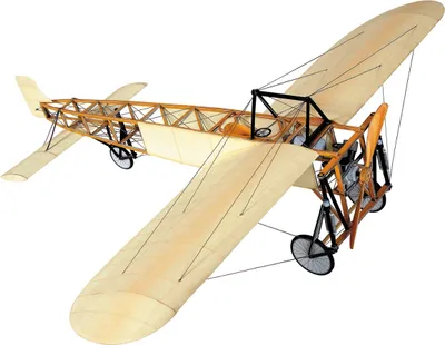 A model of a vintage airplane, likely a Blériot XI, displayed against a white background.