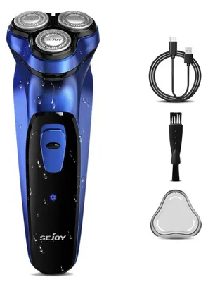 Produktbild von Elektrischer Rasierer für Herren - Rotationsrasierer - Nass/Trocken 3D-Dreifachklinge - Pop-up-Trimmer - LED-Display - USB-C Schnellladung 85 Min Akkubetrieb - Blau