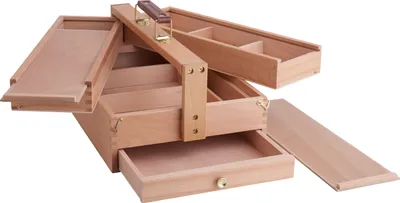 Produktbild von Holz Utensilienkoffer L 36,5 x B 24 x H 19 cm mit 8 Fächern, 3 Ebenen und Ledergriff