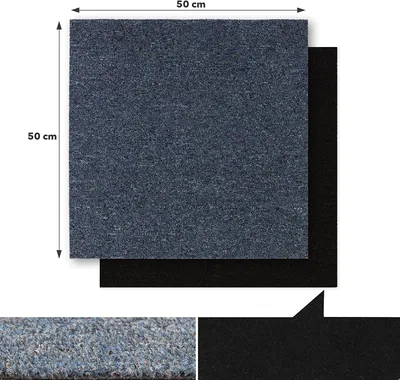 A square blue carpet tile is shown with dimensions indicated. A black carpet tile is partially visible underneath.