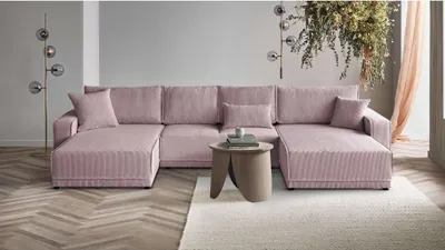 Produktbild von U-Form Ecksofa Primo U Polsterecke für Wohnzimmer mit Schlaffunktion und Bettkasten Eckcouch aus Cordstoff, Stoff: poso 27 - rosa