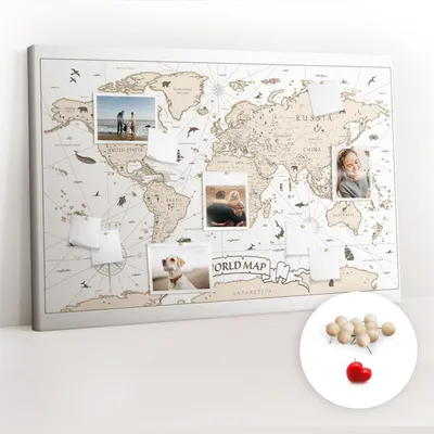 Obrázok produktu pre Korková tabuľa Tabuľa na poznámky Tabuľa na špendlíky - učebná pomôcka 120x80 cm - 100ks drevených  kolíkov - Historická mapa sveta