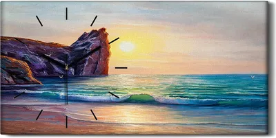 Produktbild von Leinwand Uhr Küche Wohnzimmer Bild Quarz 60x30 Sonnenuntergang auf dem Meer - schwarze Hände