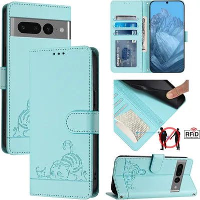 Produktbild von Leder Hülle für Google Pixel 7 Pro Süße Katze Flip Case Brieftasche Schutzhülle mit Standfunktion hellgrün