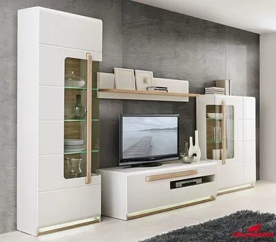 Image de Meuble mural 290 cm, ensemble modulaire en 4 éléments avec meuble TV bas, blanc et chêne Sonoma