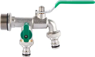 Obrázek produktu pro Dvojitý kohoutek s výstupy 3/4 palce a 2 × 3/4 palce, s odnímatelným zesíleným výstupním ventilem, určený pro zahradu, pitnou vodu a zemědělské plodiny, se zelenou rukojetí