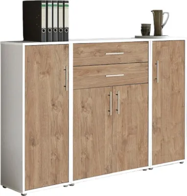 Produktbild von Aktenschrank TABOR 16 in weiß / Gold Harbor Oak, Schrankwand, Büroschrank, Metallgriffe