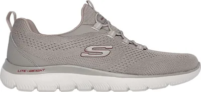 A side view of a gray Skechers shoe on a white background.