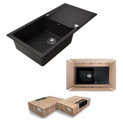 A collage of images showing a black granite kitchen sink, the sink packaged in a cardboard box, and two cardboard boxes.