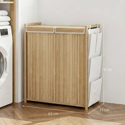 Image de Panier à linge en bambou, 120 litres - Bois naturel, 63x33x78 cm, idéal pour la salle de bain et la buanderie, avec poignée amovible