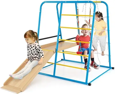 Produktbild von 6 in 1 Montessori Klettergerüst, Kletterset mit Rutsche, Schaukel & Kletterstangen, Spielset mit Leiter & Seilwand, Indoor Spielplatz für Kinder ab 3 Jahren