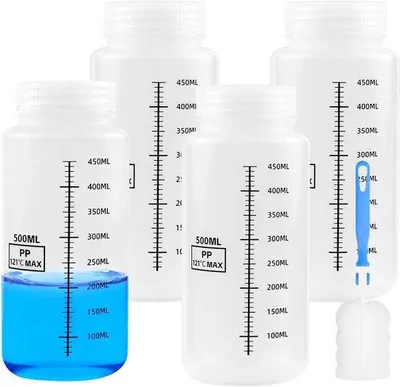 Zdjęcie produktu dla Zestaw butelek plastikowych - przezroczyste - z szerokim otworem - odporne na wysokie temperatury - do użytku w laboratoriach i w domu