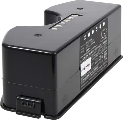 A black battery pack for a robot vacuum cleaner, shown from a diagonal angle against a white background.