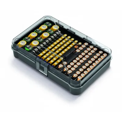 A battery organizer box filled with various types of batteries.