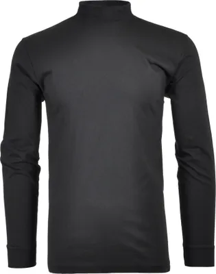 A black long-sleeved shirt with a mock neck is shown against a white background.