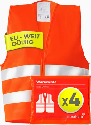 Produktbild von PURAHELP Warnwesten Auto 4er Set Europaweit gültig nach EN ISO 20471 - Reflektierende Warnweste Auto - Sicherheitsweste Auto Warnweste Orange