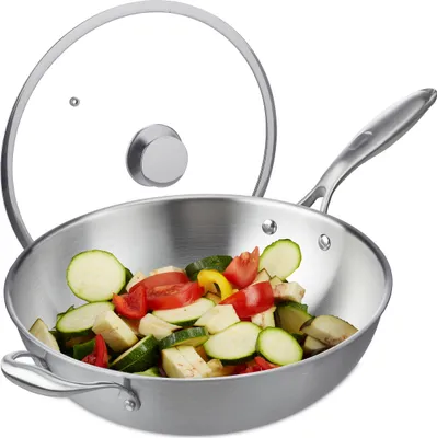 Produktbild von Relaxdays Wok, Ø 32 cm, Edelstahl unbeschichtet, Glasdeckel, Gas-, Elektro-, Induktionsherd, Wokpfanne mit Griff, silber