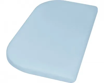 A light blue fitted sheet for a crib or bassinet, shown from a diagonal angle on a white background.