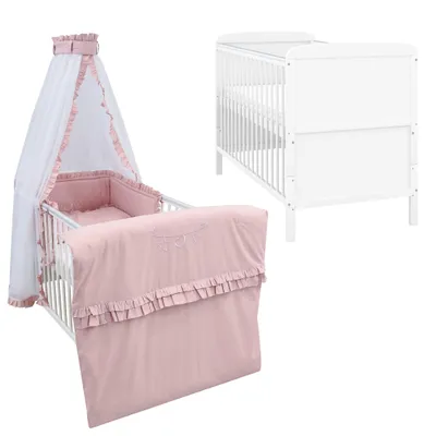 Produktbild von Baby-Delux Babybett Kinderbett Natalie Umbaubar 140x70 Weiß Beißschienen Bettset Komplett mit Motiv Royal Rüsche Rosa