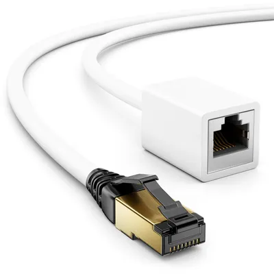Produktbild von deleyCON 1m CAT8.1 RJ45 Verlängerung Patchkabel Netzwerkkabel 40 GBit/s 2000 MHz S/FTP Kupfer PiMF 1x RJ45 Stecker 1x RJ45 Buchse für Ethernet LAN Gaming Streaming - Weiß