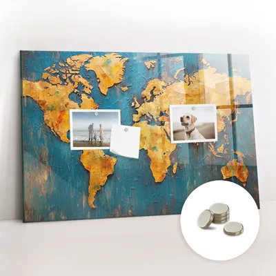 Obrázek produktu pro Magnetická Tabule na Zeď Skleněná - Memo Board Kleněnou Přední Stranou - 5 magnetů v balení - 60x40 cm - Dekorativní mapa světa