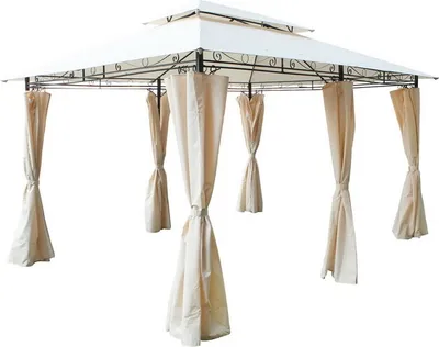 A white gazebo with beige curtains, set against a white background.