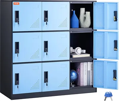 Immagine prodotto di VEVOR armadietto spogliatoio, armadietto a 9 ante, armadietto guardaroba con 9 scomparti, capacità di carico 30 kg, armadietto per ufficio, nero e blu