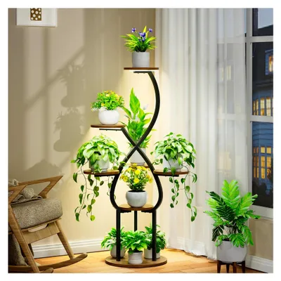 Produktbild von Pflanzenständer mit Wachstumslicht - Blumenständer aus Metall und Holz - Blumentreppe für Innen- und Außenbereich - Dekoratives schwarzes Blumenregal für Garten und Balkon