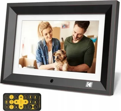 A digital photo frame displaying a family with their dog, with a remote control in the foreground.