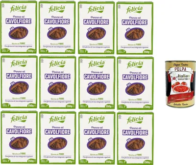 Produktbild von Felicia Penne al Cavolfiore Con farina di riso integrale e quinoa Blumenkohl-Penne mit braunem Reismehl und Quinoa 12x250gr + Italian Gourmet polpa 400g