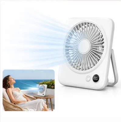 Produktbild von Faltbarer Mini USB Ventilator, Akku 12h, 4 Geschwindigkeiten, Digitalanzeige, Hand-, Tisch- oder Wandbetrieb,leise, tragbar, ideal für Büro und Reisen