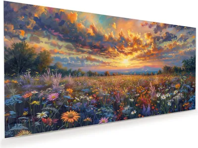 Produktbild von Glasbild 100x50cm in XXL für Wohnzimmer, Schlafzimmer Motiv Blumenwiese Sonnenuntergang