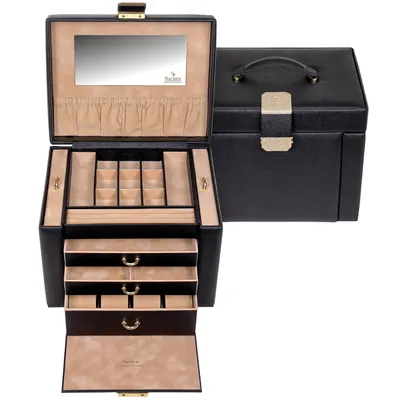 Produktbild von Sacher Schmuckkoffer Schmuckkasten SAFFIANO schwarz Uhrenfach Schloss Spiegel