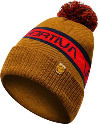 Braune La Sportiva Mütze mit rotem und schwarzem Schriftzug und Bommel
