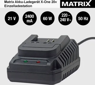 A black battery charger with technical specifications displayed above it.
