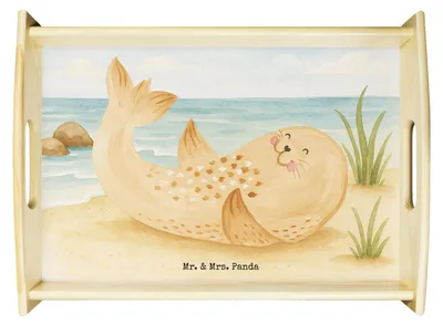 Produktbild von Mr. & Mrs. Panda Deko Tablett Robbe Liegen Design - Weiß - Geschenk, Seehund, Ostsee, betttablett, Nordsee, Lustige Sprüche, Frühstückstablett, holz, sofatablett, Strand