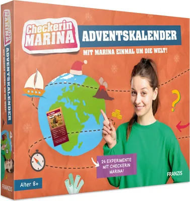 The image shows the front of an advent calendar box with illustrations related to travel and experiments.