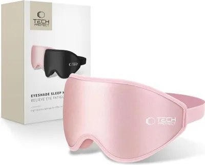 A pink sleep mask and its packaging are displayed against a white background.