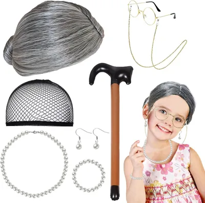 Imagen del producto de Conjunto de disfraz Oma, de 8 piezas, que incluye peluca, gafas, joyas y un bastón inflable, ideal para fiestas de disfraces