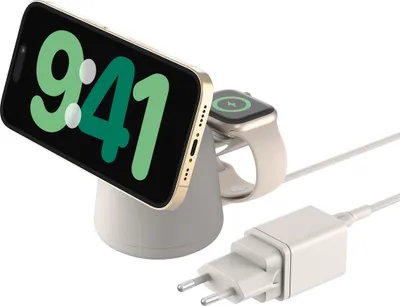 A wireless charger for a smartphone and smartwatch, with a power adapter and cable.