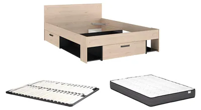 Produktbild von Bett 140 x 190/200 cm mit Kommode und - Natur und schwarz + Rahmen + Matratze - KINSELIA