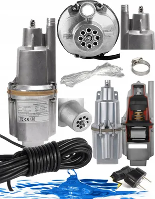 A collage of images showing a submersible pump and its components, along with accessories like a rope and power cord.