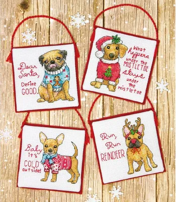 Imagen del producto de Kit de bordado "Decoración: Cachorros navideños, set de 4 piezas", con patrón de puntos, tamaño 9,5 x 9,5 cm
