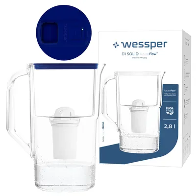 Imagen del producto de Jarra filtrante Wessper D1 SOLID FutureFlow™ de 2,8 litros, color azul, con indicador LED y filtro aquaclassic