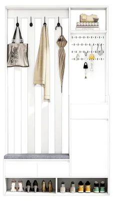 Produktbild von Garderoben Set mit Schuhablage, Weiß, Holz, Sitzbank und Kleiderhaken, Wandmontage, 180 cm Höhe, Flur Garderobe mit Ablage