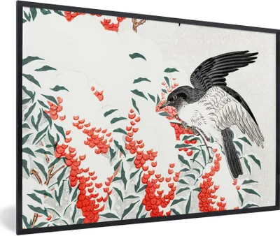 Produktbild von MuchoWow® Gerahmtes Poster Vogel - Beere - Japanisch 30x20 cm - Poster mit Schwarzem Bilderrahmen Wandposter Rahmen Foto Bilder - Kunstdruck - Bild-Poster
