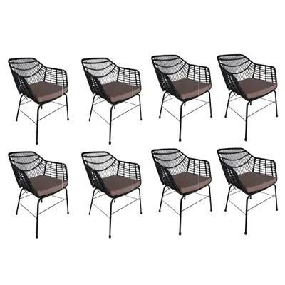 A set of eight black metal garden chairs with brown seat cushions, arranged in two rows of four.