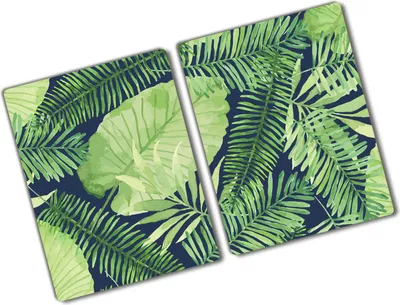 Produktbild von Tulup Glas Herdabdeckplatte - 2x40x52 cm - Glaskeramikkochfeld-Abdeckung Spritzschutz Glasabdeckplatte Kochplattenabdeckung und Schneidebrett - Zweiteilig - Blumen & Pflanzen - Tropische Blätter - Grün