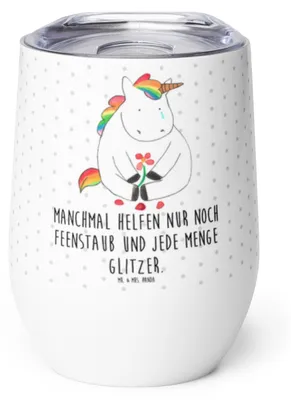 Produktbild von Mr. & Mrs. Panda Thermo Becher Einhorn Traurig - Weiß - Geschenk, glühweinbecher, Blume, Einhörner, Edelstahlbecher, Thermobecher, kaffee tasse, Unicorn, Liebe, Glitzer